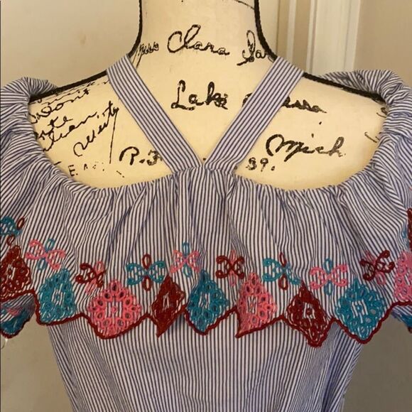 Loft Stripe Ruffle Boho Embroidered Dress Vacation Cruise Resort Wear New - Picture 9 of 16